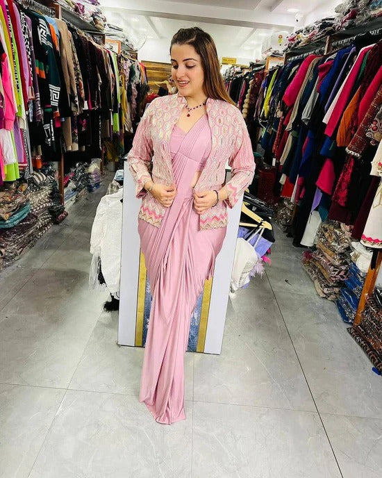 Pink Mulmul silk saree with intricate embroidery and sequined work, part of women's collection, by Drpshippr.