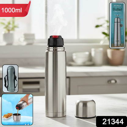 Wukusy bullet-style stainless steel vacuum-insulated water bottle, 1000ml, with a sleek black finish and durable design.