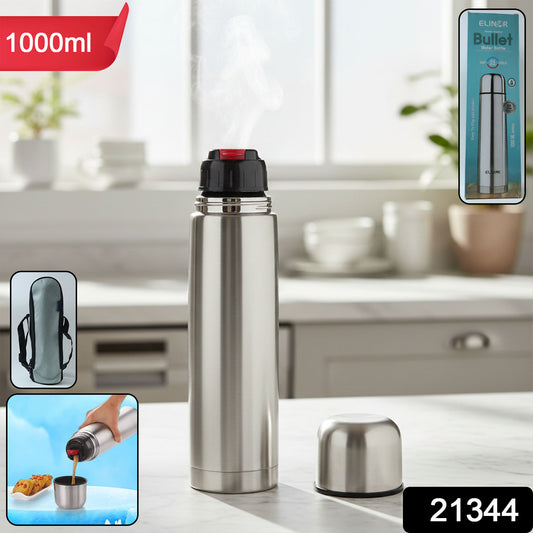 Wukusy bullet-style stainless steel vacuum-insulated water bottle, 1000ml, with a sleek black finish and durable design.