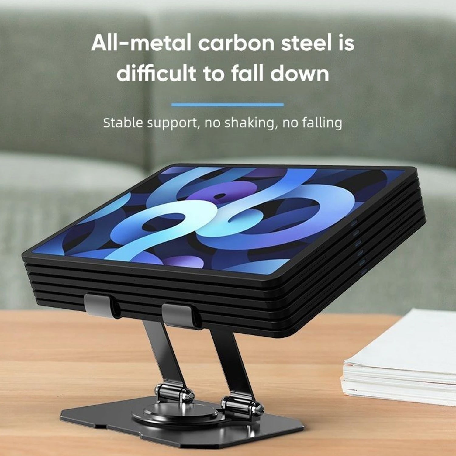 Wukusy premium adjustable foldable metal laptop stand with vented surface and height settings, supporting ergonomic workstation setup.