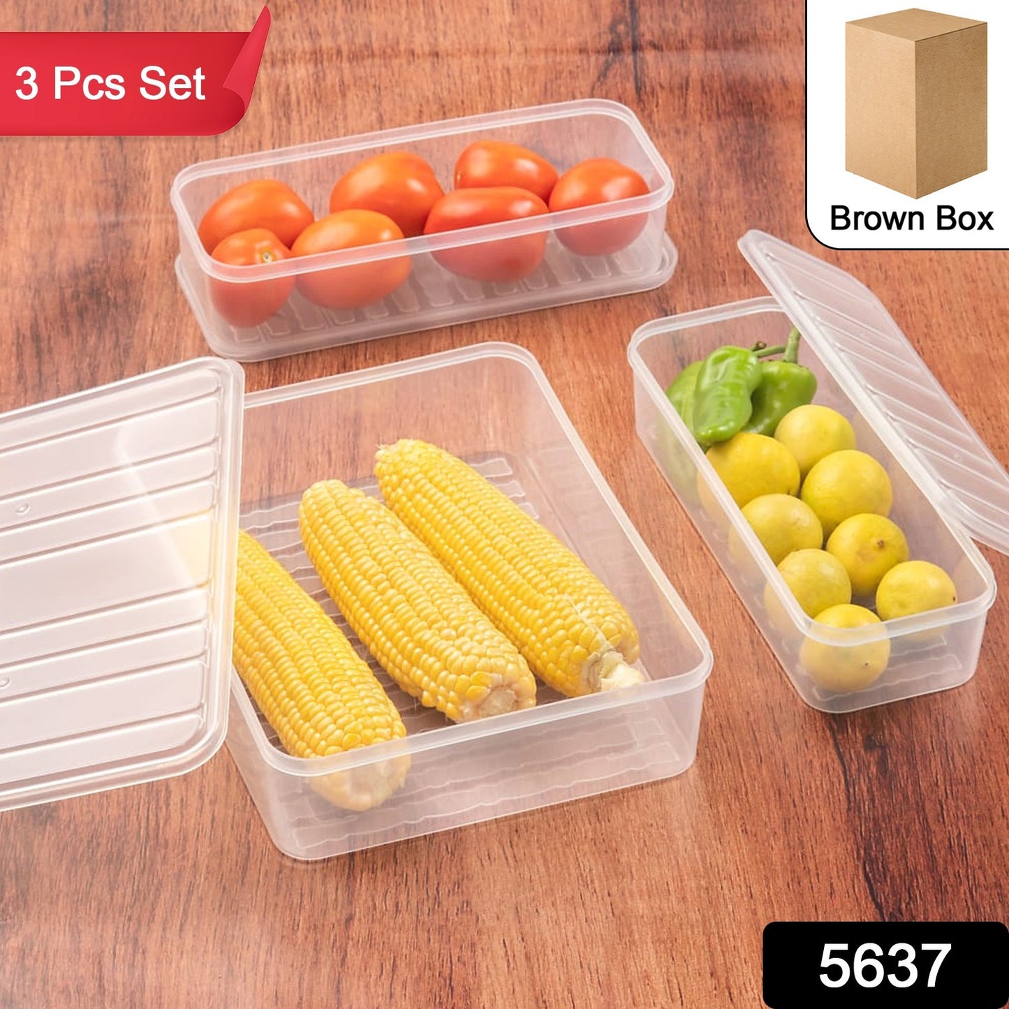 Wukusy 5637 plastic food storage containers with lids, stackable fridge organizer boxes for vegetables and freezer storage, 3-piece set