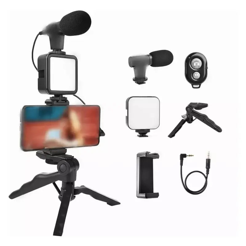 Ekom vlogging kit with mic, mini tripod stand, LED light, and phone holder clip for video making and content creation.
