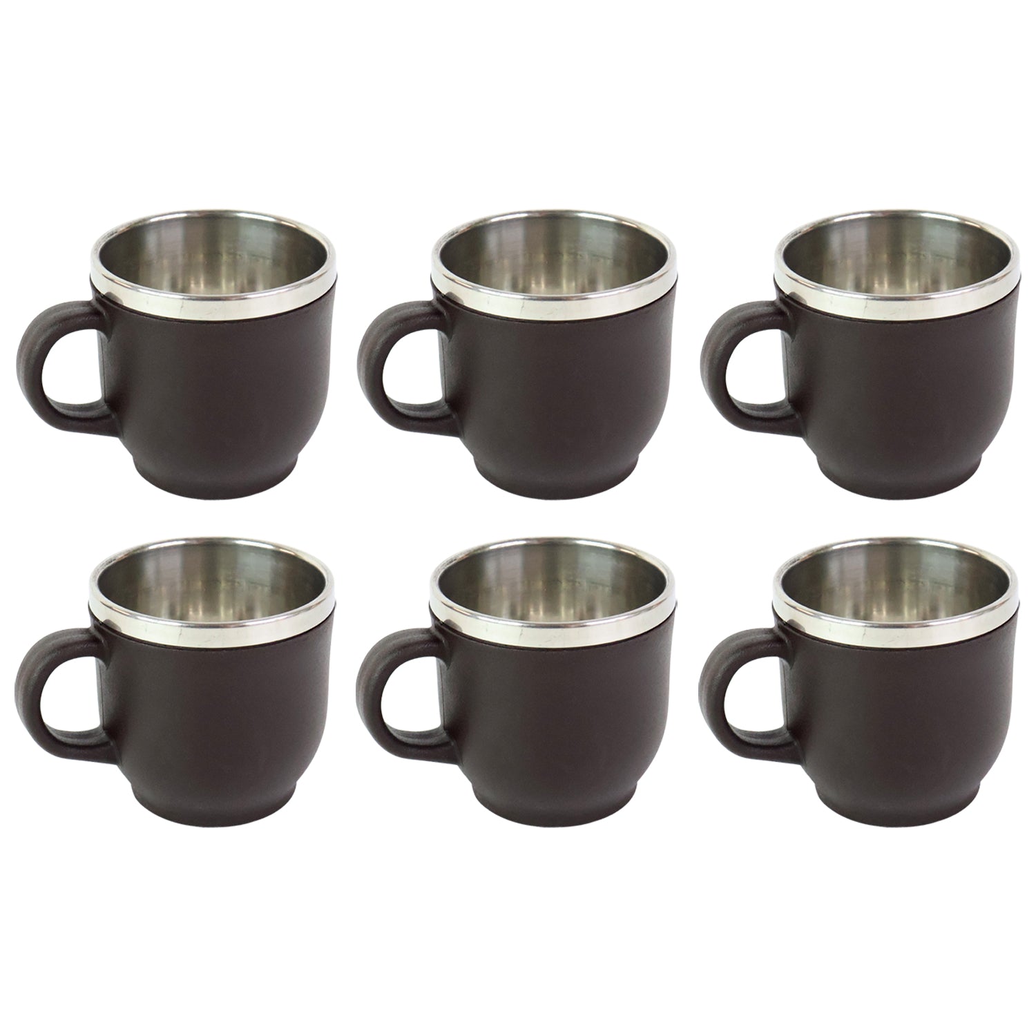 Set of six Wukusy Apex Premium double wall stainless steel cappuccino mugs, 100ml each, ideal for home and kitchen use.