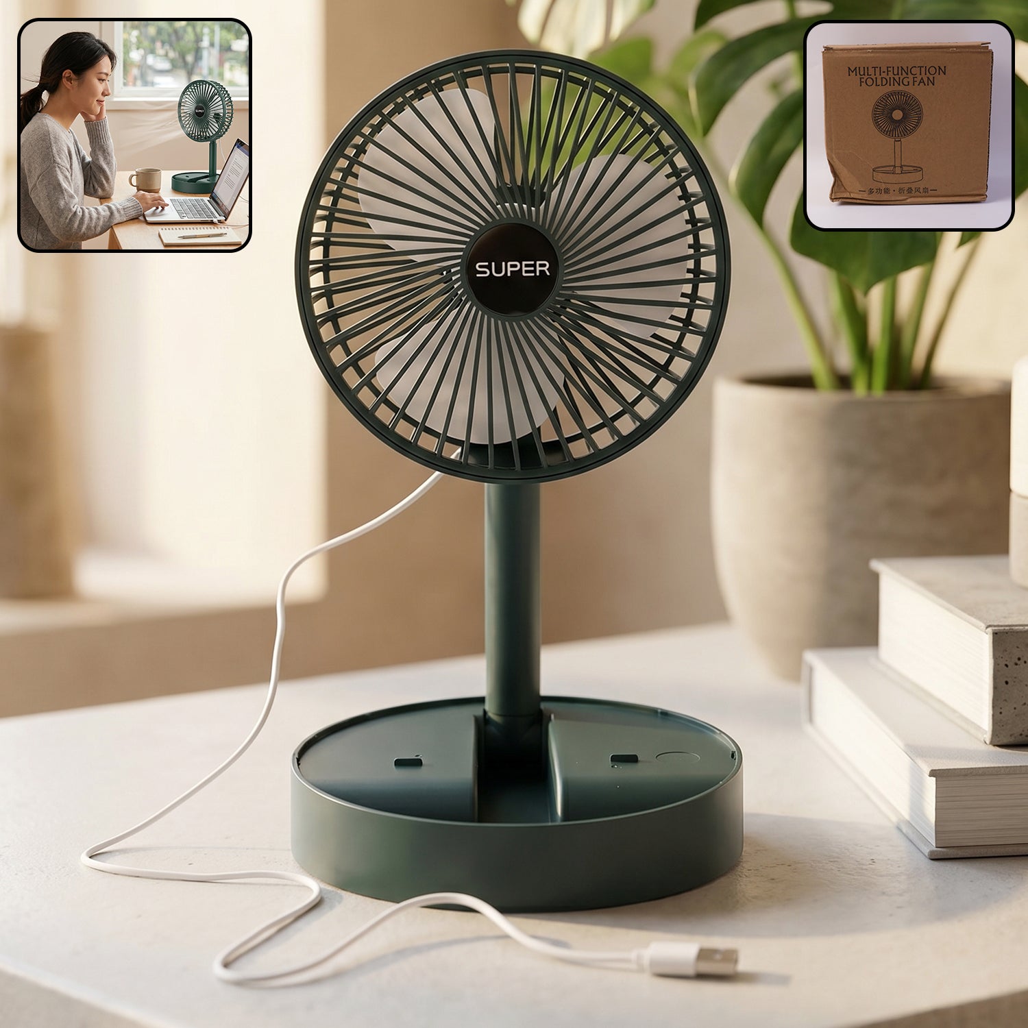 Wukusy USB table fan with adjustable stand, portable desk cooling fan for office use, shown on a desk surface.