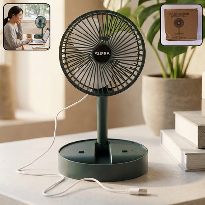 Wukusy USB table fan with adjustable stand, portable desk cooling fan for office use, shown on a desk surface.