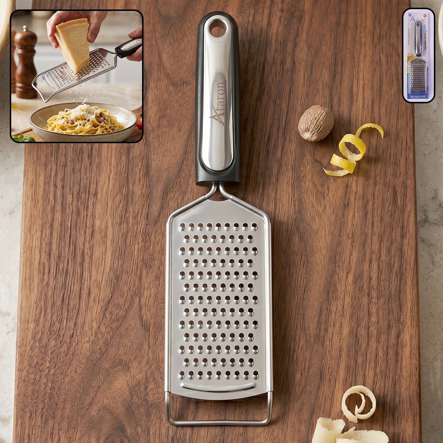 Wukusy SS slim cheese grater with plastic handle for vegetables and lemon zest, showing the compact, stainless steel design.