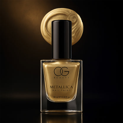 Wukusy Og Beauty Premium Canvas Gold Metallica nail polish bottle with black cap, 10ml, showcasing shiny metallic gold finish.