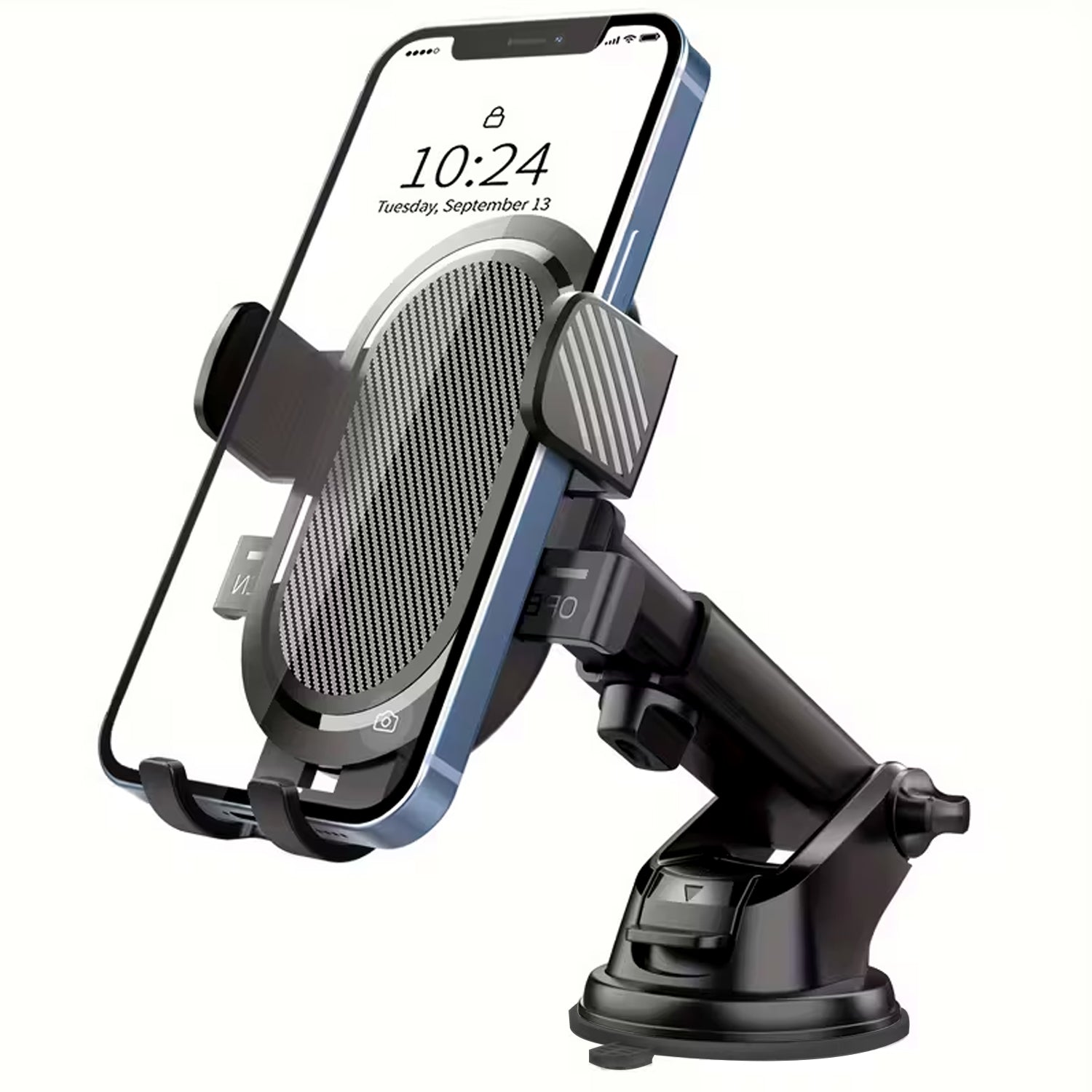 Adjustable Wukusy car mobile holder mounted on a vehicle dashboard holding a smartphone securely.