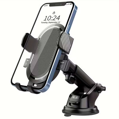 Adjustable Wukusy car mobile holder mounted on a vehicle dashboard holding a smartphone securely.