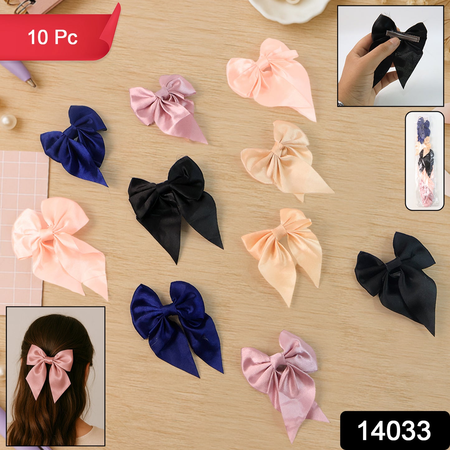 Set of 10 Wukusy satin bow hair clips for girls and women, featuring colorful and elegant decorative hair accessories.