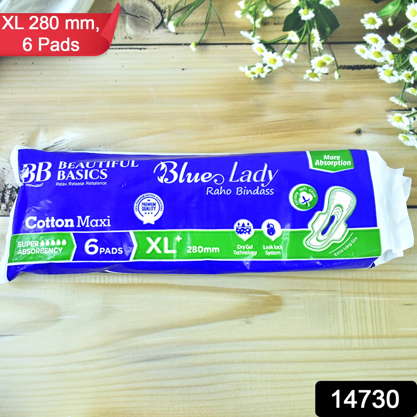 Wukusy Beautiful Basics Blue Lady Sanitary Pads XL 280mm, 6-pack, health care product for women.