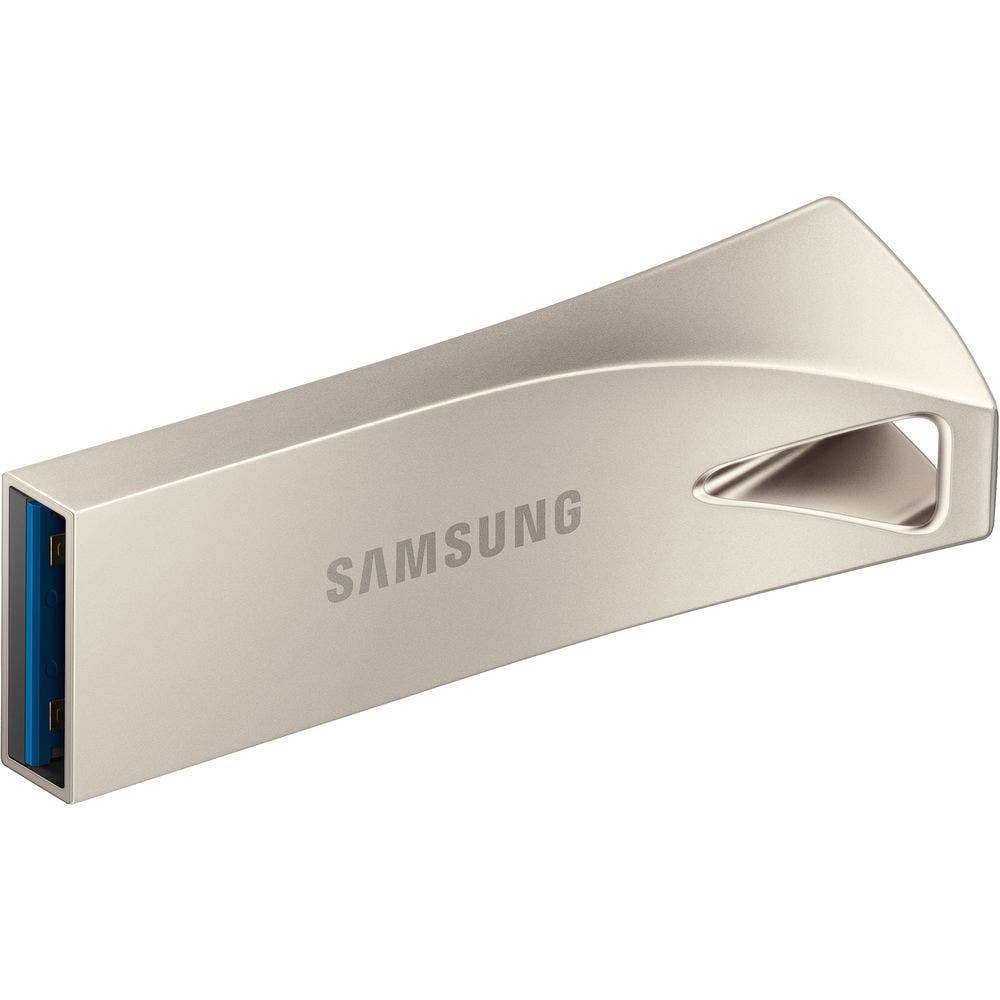 Samsung MUF-128BE3/APC 128GB silver pen drive with sleek design, shown lying on a white background.