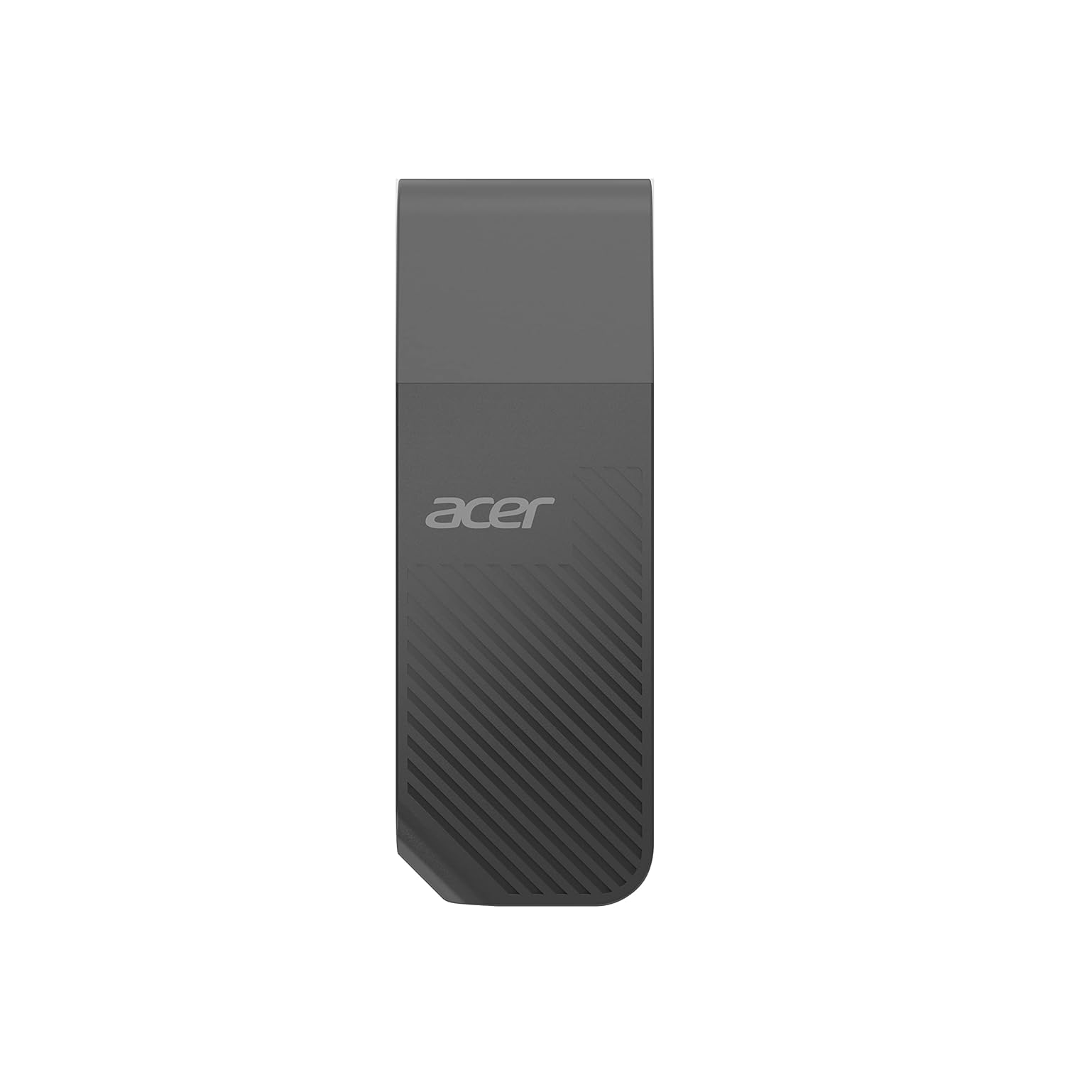Black Acer UP200 64 GB pen drive with USB connector, displayed on a plain background, showcasing compact storage design.
