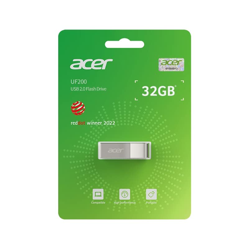 Grey Acer UF200 32GB pen drive with USB connector, shown in a natural position on a neutral background.