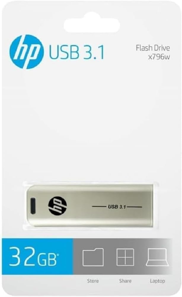 Silver HP USB 3.1 32GB flash drive with FIZZI SHOP branding, featuring a compact pen drive design.