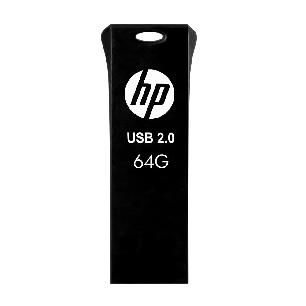 Black HP v207w 64GB USB 2.0 pen drive shown with sleek design and compact size for portable data storage.