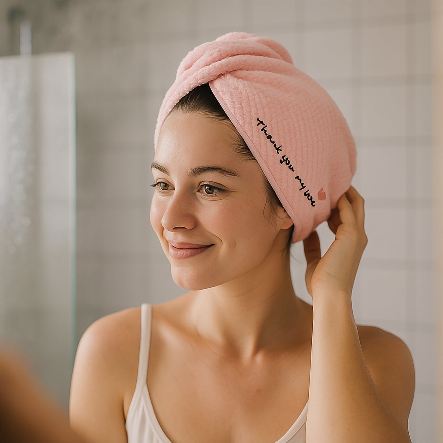 Wukusy microfiber hair drying towel wrap with button lock, soft and absorbent for quick hair drying and secure fit.
