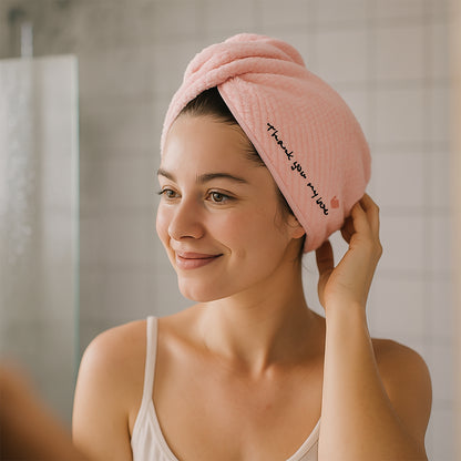 Wukusy microfiber hair drying towel wrap with button lock, soft and absorbent for quick hair drying and secure fit.