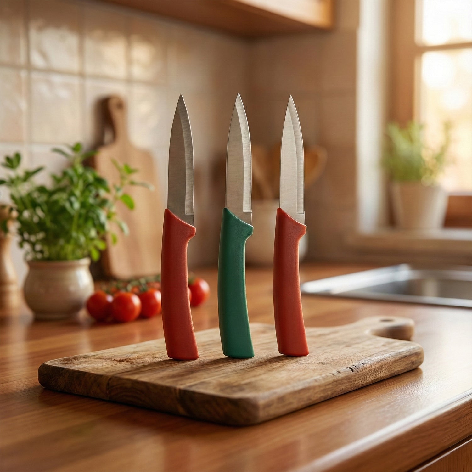 Wukusy multipurpose kitchen fruit and vegetable cutting knife set with three stainless steel knives on a cutting board.