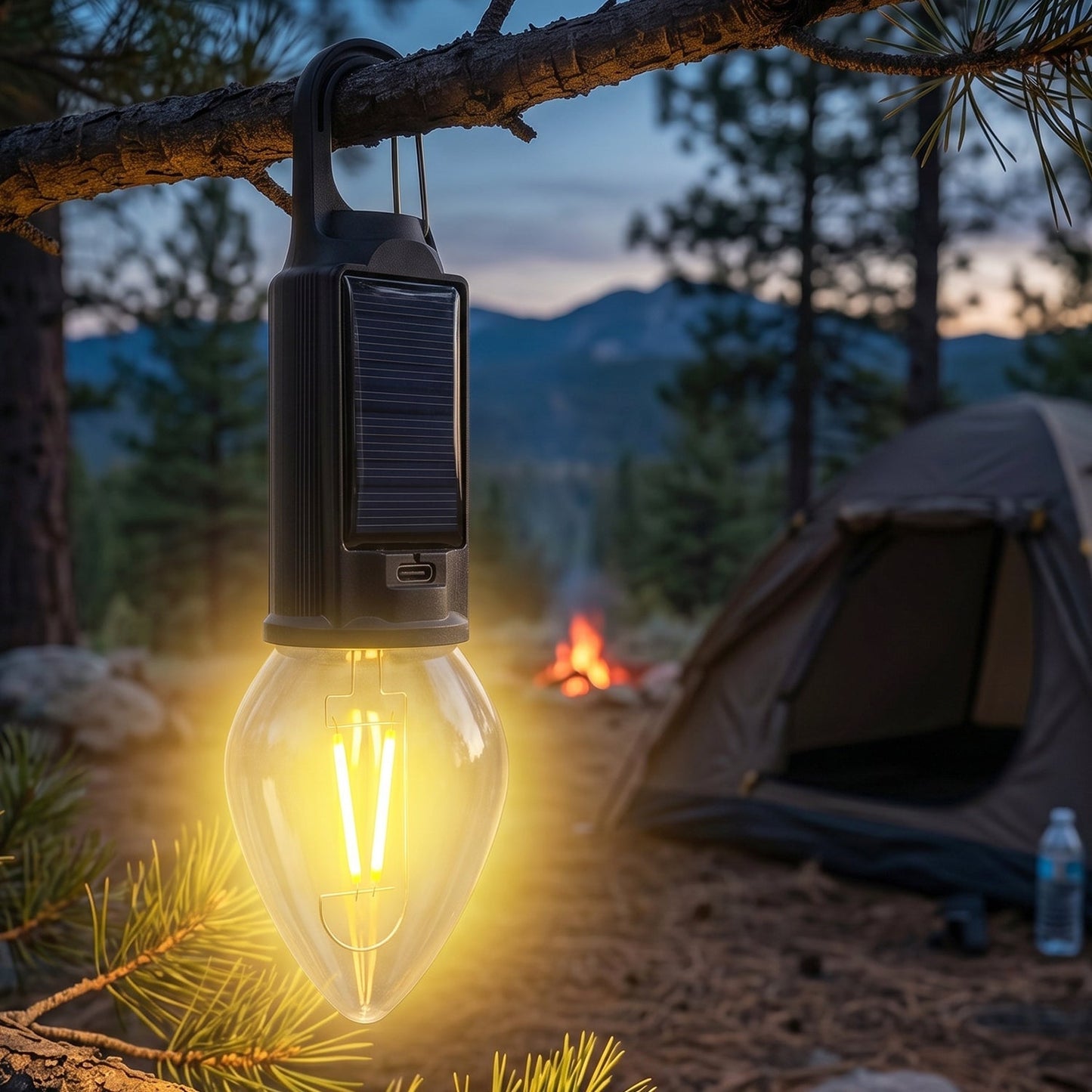 Wukusy solar rechargeable camping lamp with warm LED light, carabiner clip for outdoor hiking and camping illumination