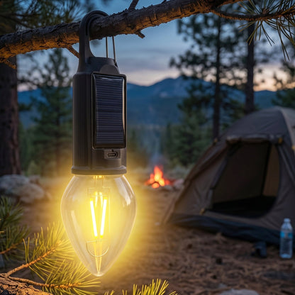 Wukusy solar rechargeable camping lamp with warm LED light, carabiner clip for outdoor hiking and camping illumination