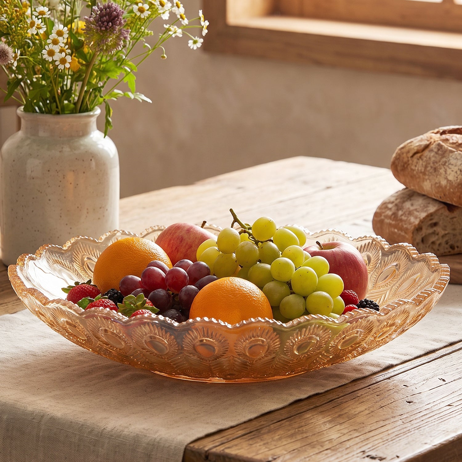 Wukusy glass round serving plate, 23x23 cm, decorative fruit snack platter with a clear, elegant design for serving fruit and snacks.