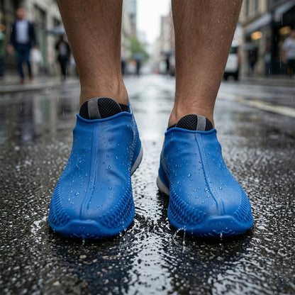 Blue waterproof silicone shoe covers by Wukusy, medium size, shown covering shoes to protect against wet conditions.