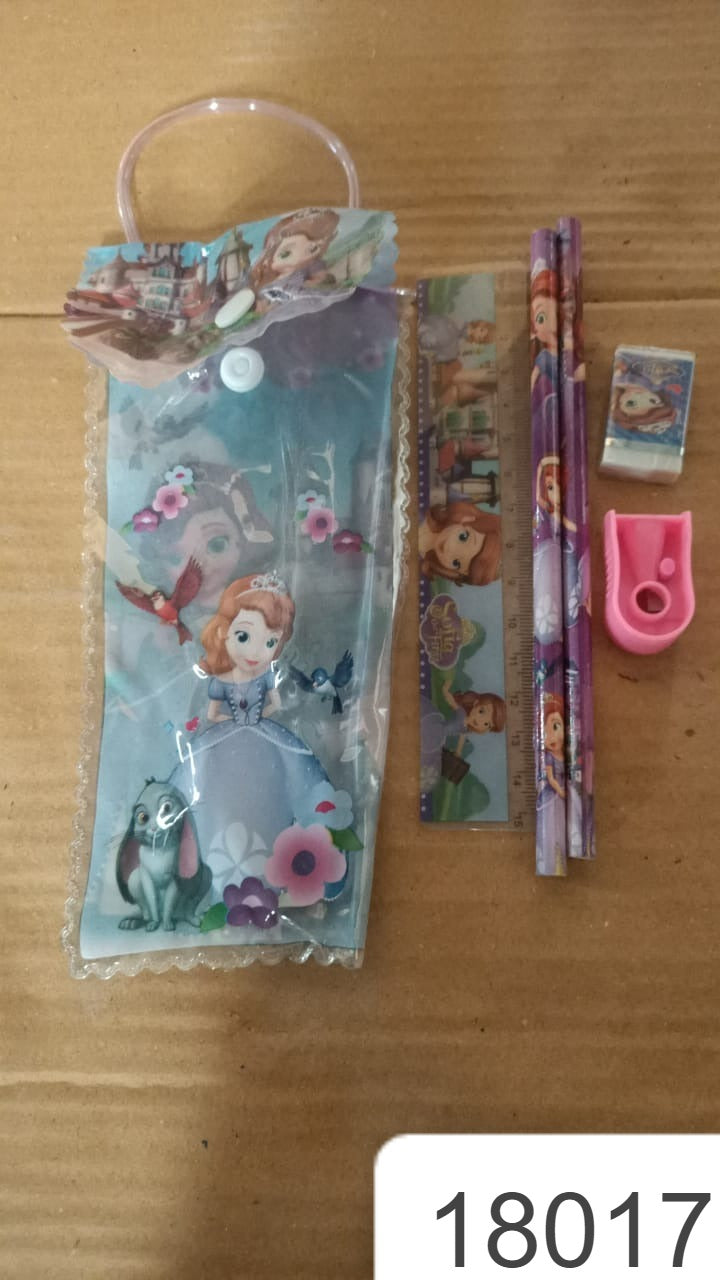Wukusy 5-in-1 kids stationery gift set including pencils, ruler, rubber eraser, sharpener, and office supplies in colorful packaging