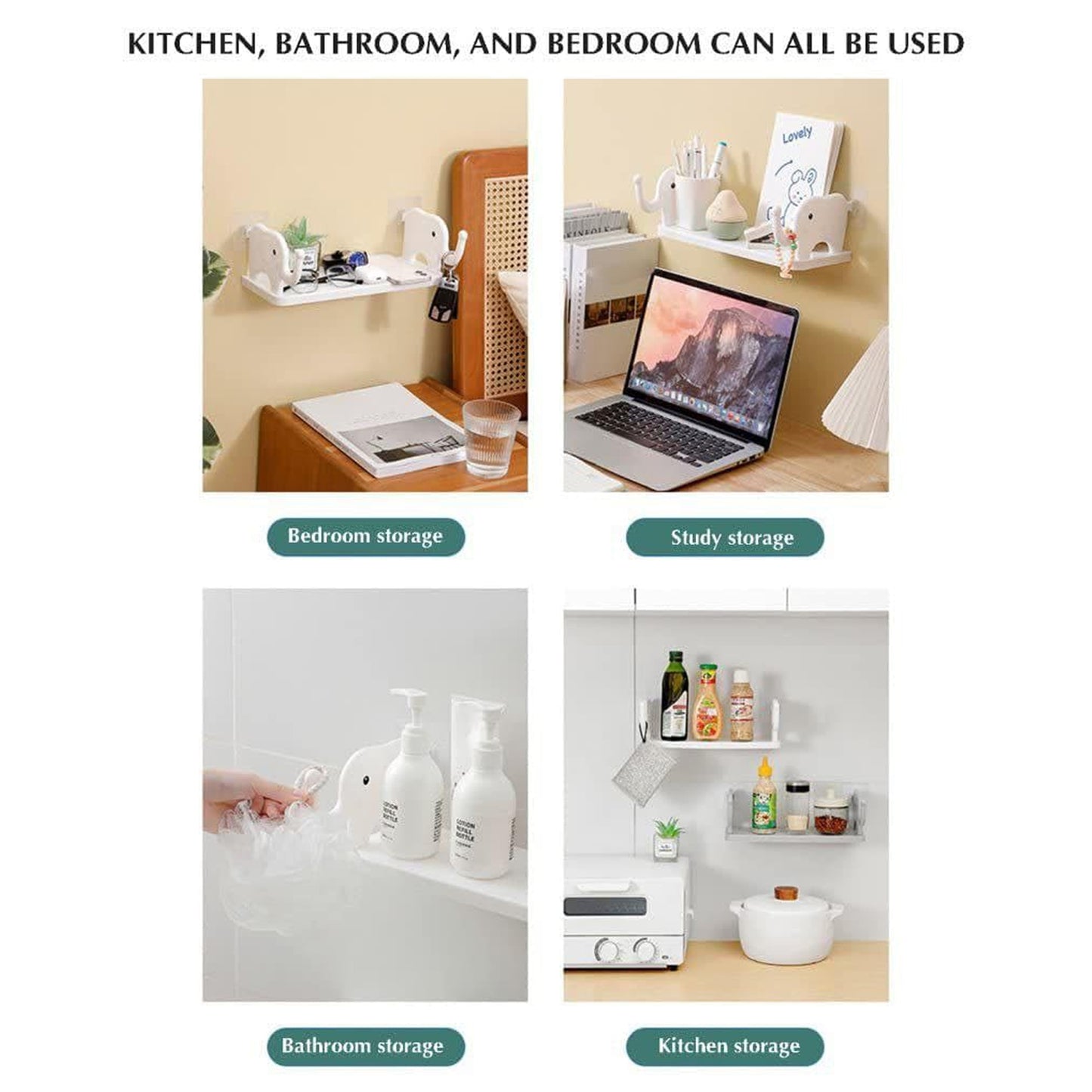 Cute elephant-shaped wall-mounted storage shelf by Wukusy, ideal for home organization in kitchen, bathroom, bedroom, or study.