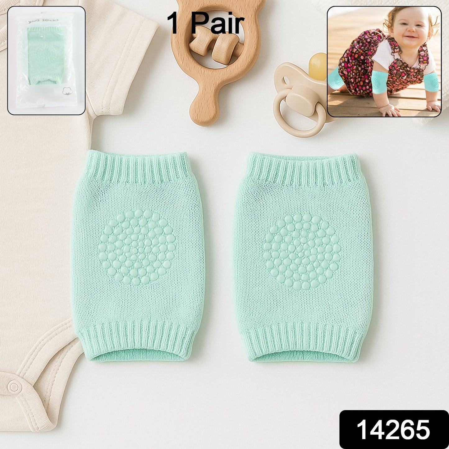 Mint green toddler wool knit leg warmer with knee guard, Wukusy baby care accessory, soft and cozy for little ones.