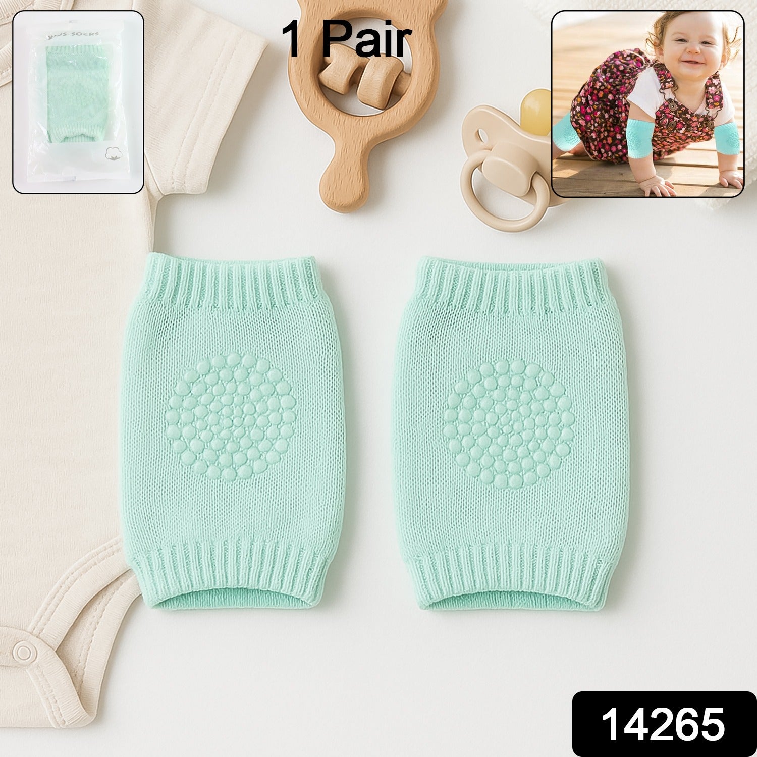 Mint green toddler wool knit leg warmer with knee guard, Wukusy baby care accessory, soft and cozy for little ones.