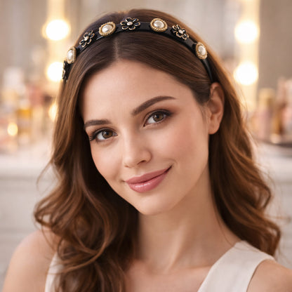 Elegant pearl floral designer hairband for women and girls by Wukusy, featuring a delicate floral and pearl design.