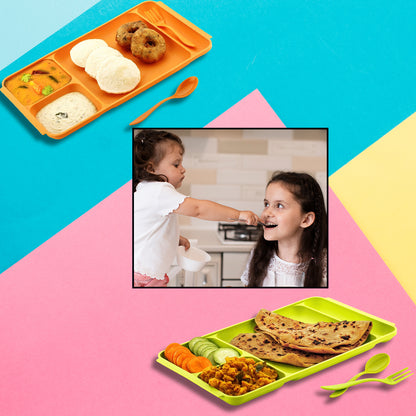 Wukusy 4-compartment plastic dish with spoon and fork, divided food plate for pav bhaji or meals, kitchen dinnerware set