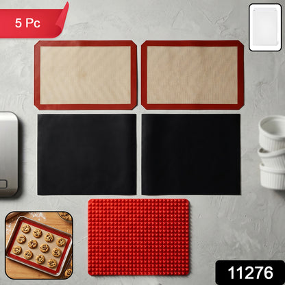 Wukusy 5-piece non-stick silicone baking mat set for baking and cooking, with colorful mats on a kitchen countertop.