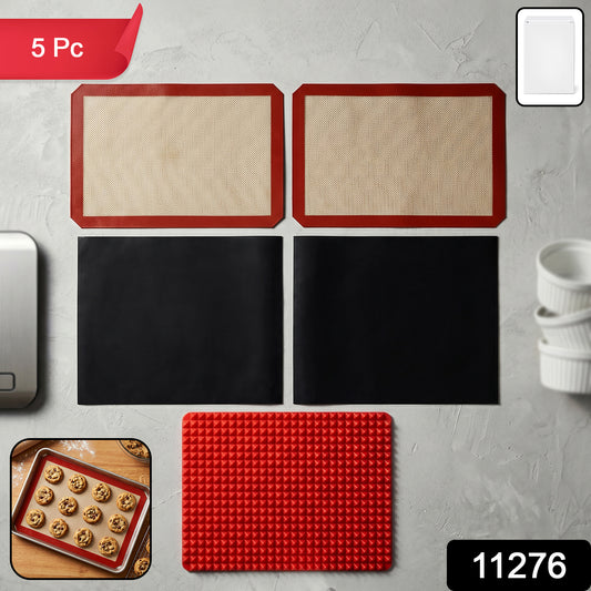 Wukusy 5-piece non-stick silicone baking mat set for baking and cooking, with colorful mats on a kitchen countertop.