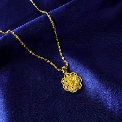 Gold plated pendant necklace with elegant floral design by Wukusy, featuring intricate floral details on a delicate chain.
