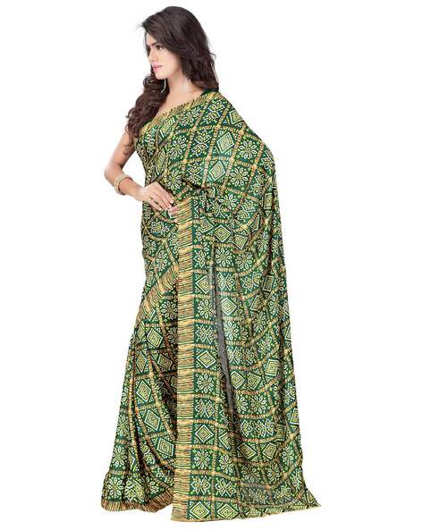 Multicolor printed Bandhani Georgette and crepe saree for women, showcasing vibrant traditional Indian textile design.