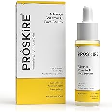 Proskire 10% Vitamin C Serum with Ferulic Acid for dark spots, pigmentation, and glowing skin in a 30 ml bottle.