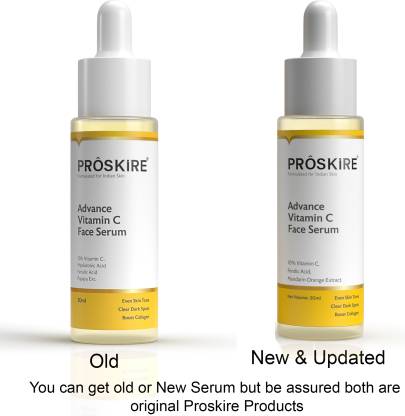 Proskire 10% Vitamin C Serum with Ferulic Acid for dark spots, pigmentation, and glowing skin in a 30 ml bottle.