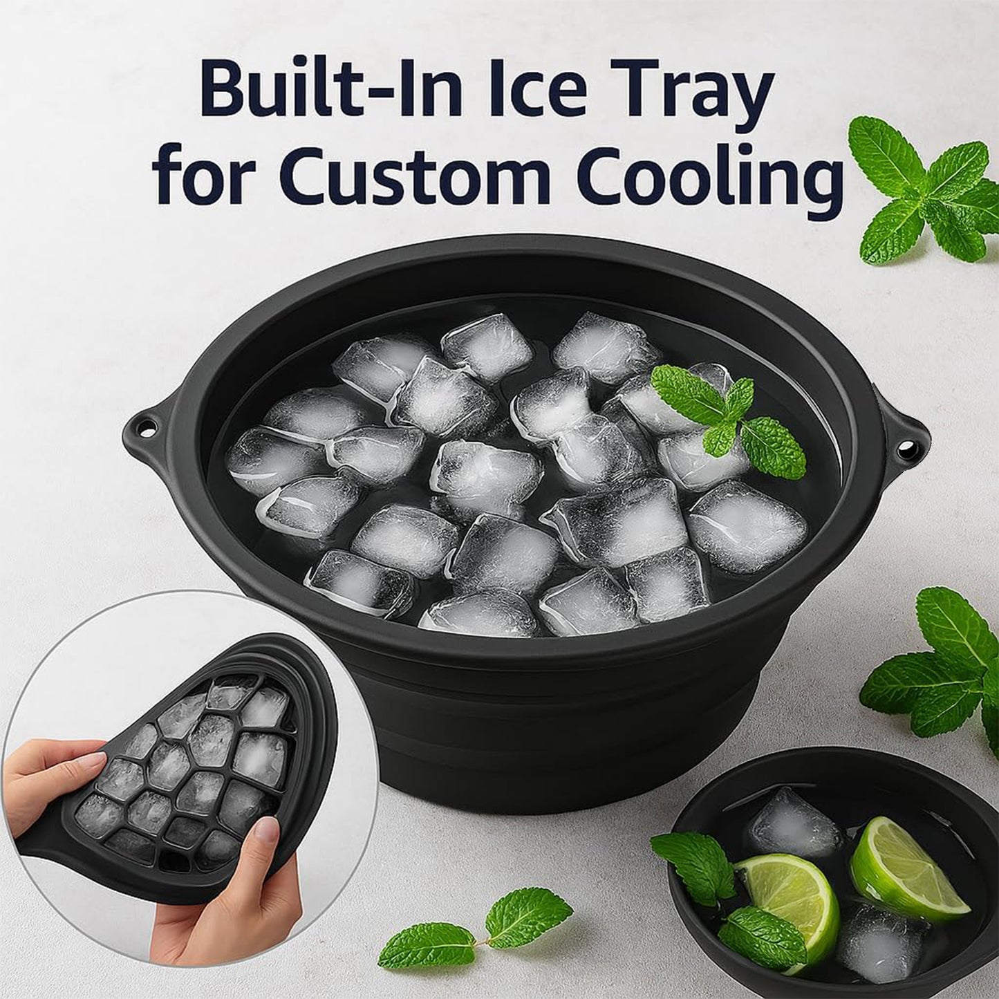 Portable foldable silicone ice bath bowl by Wukusy, featuring a compact, flexible design for easy storage and cooling applications.