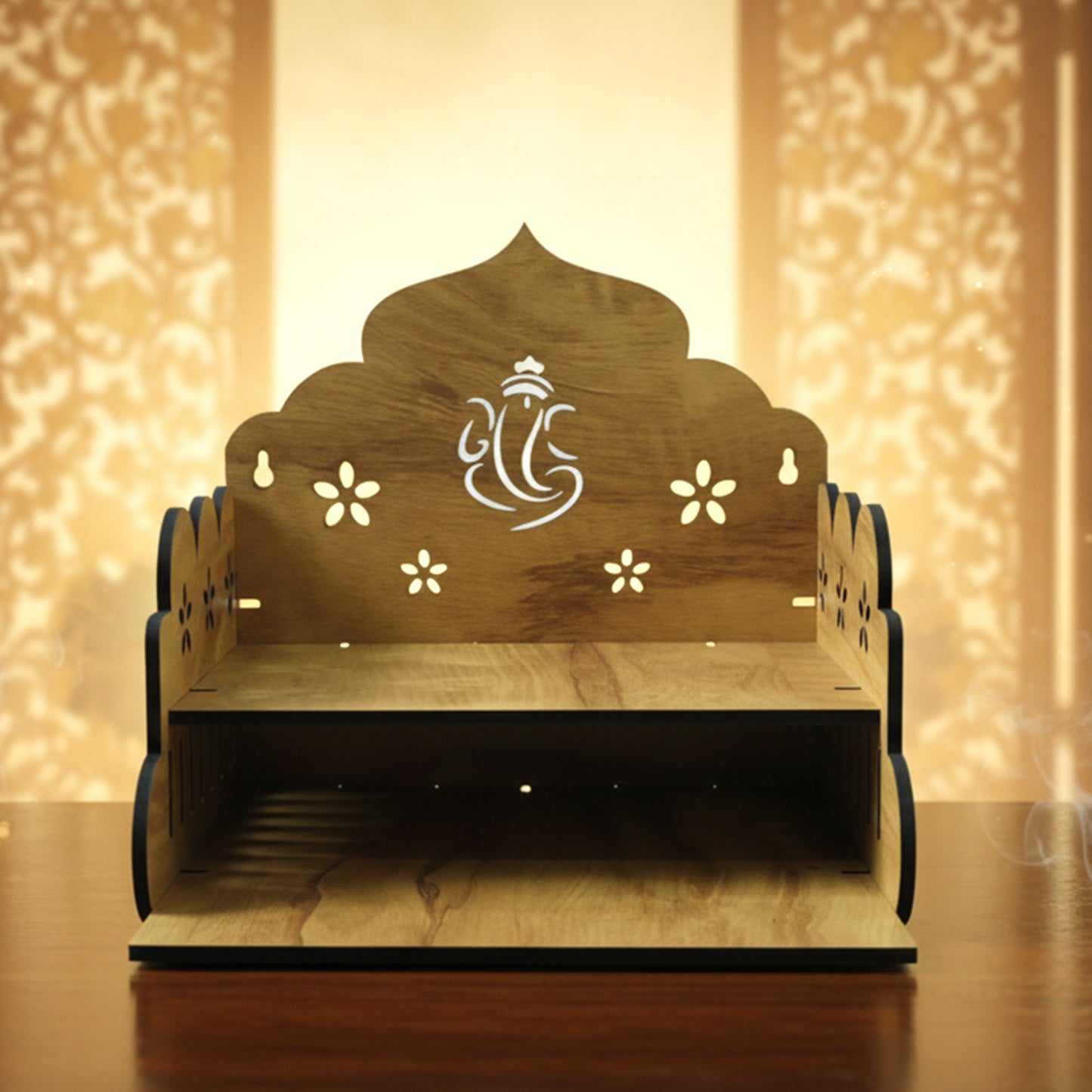 Wooden temple style home mandir stand for pooja by Wukusy, featuring traditional design and intricate craftsmanship.