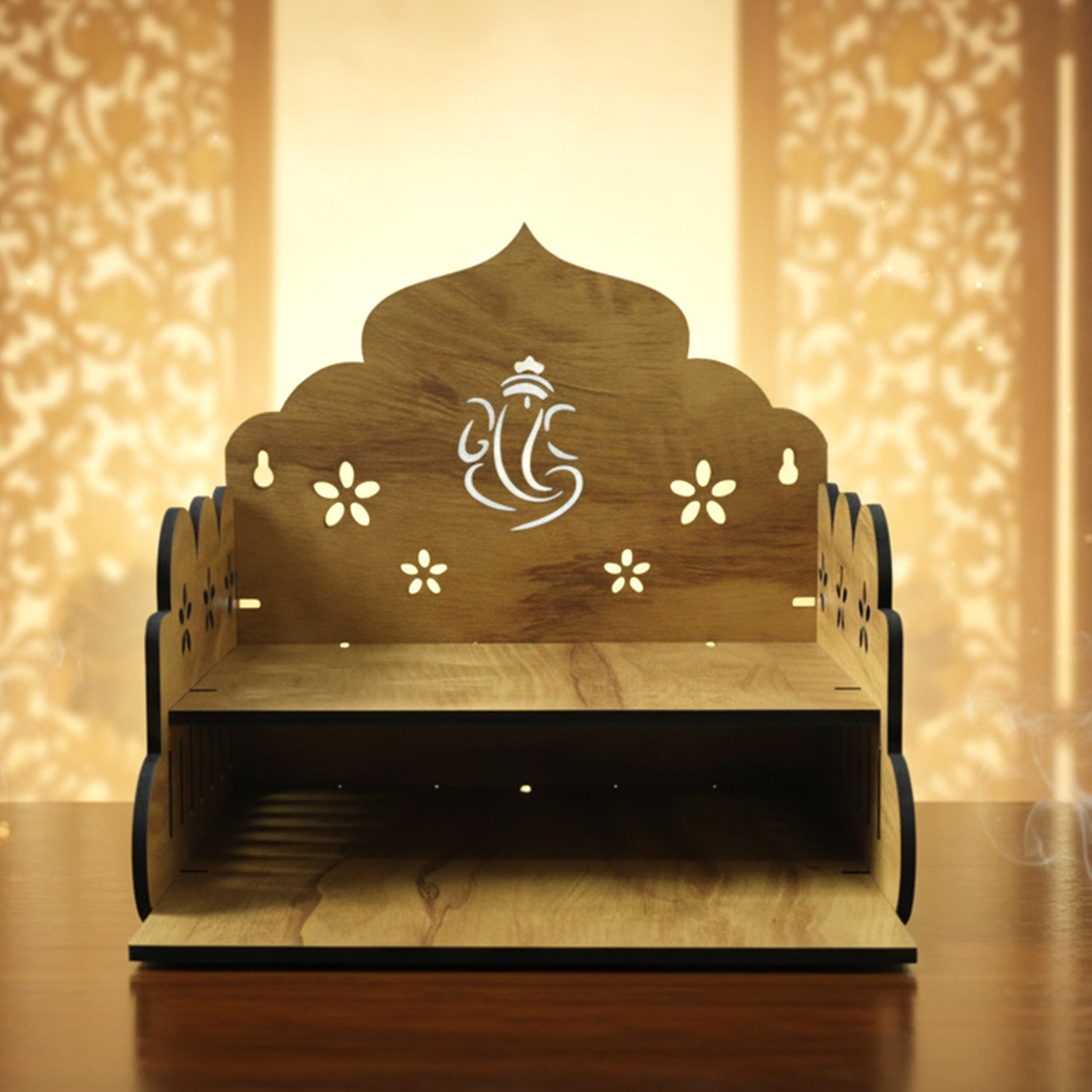 Wooden temple style home mandir stand for pooja by Wukusy, featuring traditional design and intricate craftsmanship.