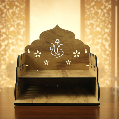 Wooden temple style home mandir stand for pooja by Wukusy, featuring traditional design and intricate craftsmanship.