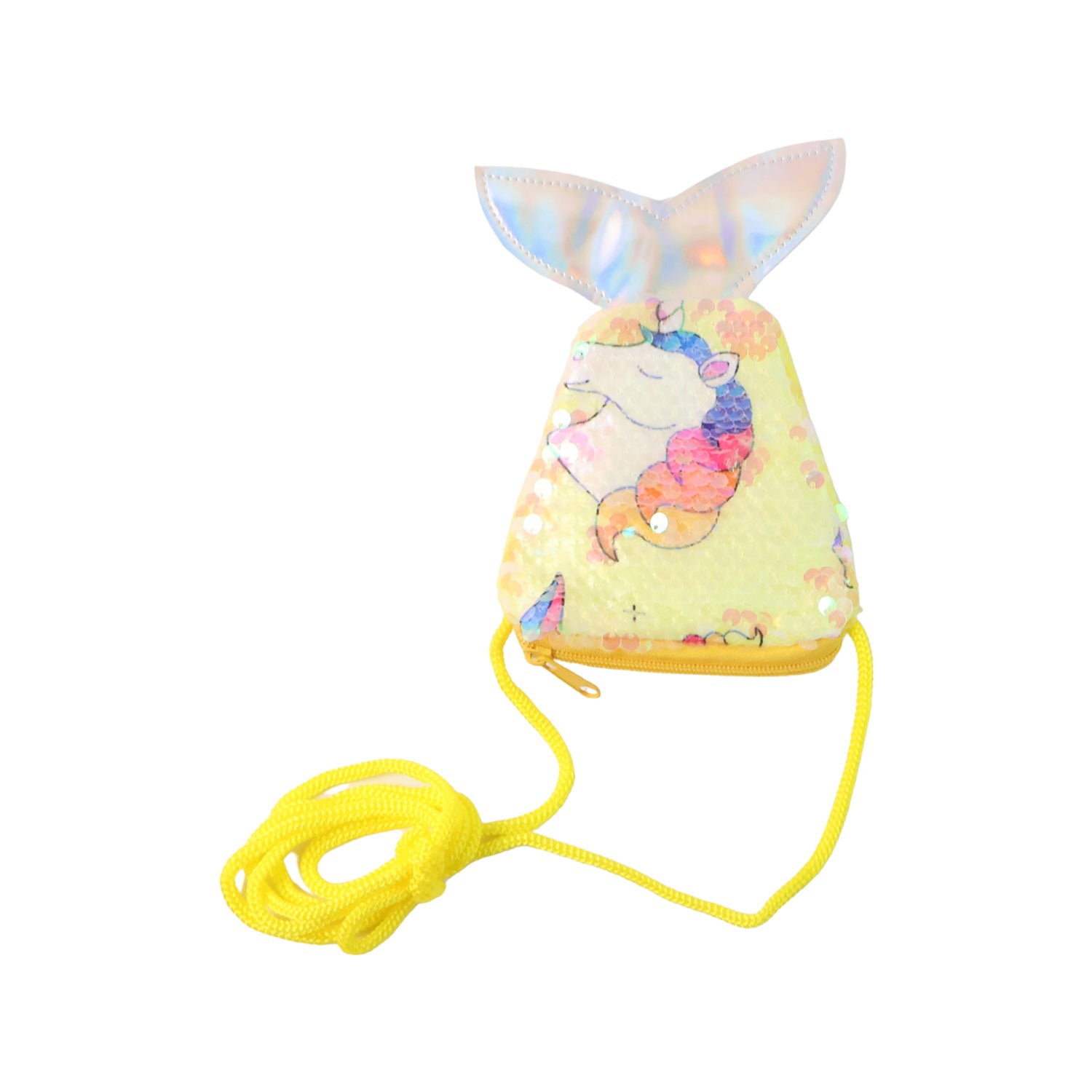Colorful mermaid tail-shaped kids sling bag by Wukusy, featuring vibrant scales and adjustable strap for children.