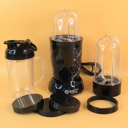 Wukusy Orbit Bullet Mixer Grinder with 400W motor and three jars, shown on a kitchen countertop with blades and jar lids visible.