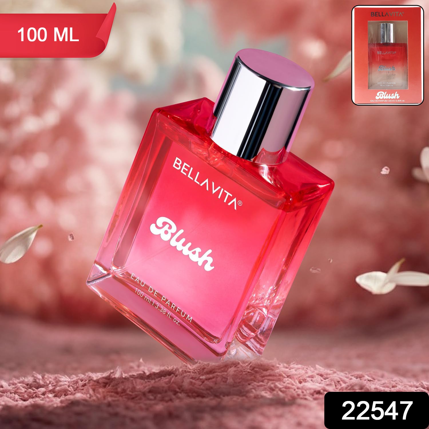 Bellavita Premium Blush Eau De Perfume by Wukusy, 100ml bottle with elegant pink packaging and floral design.