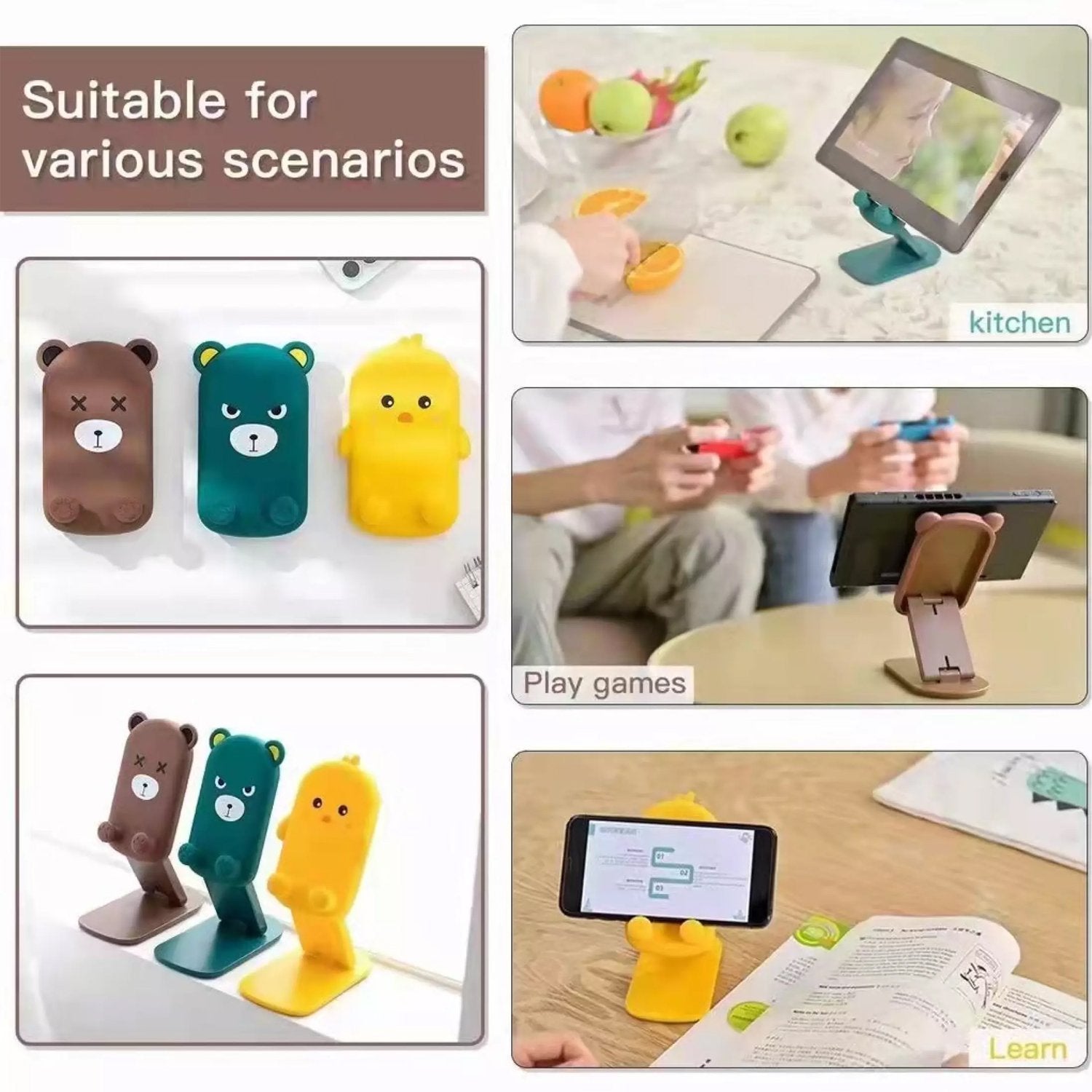 Wukusy cute cartoon design multi-angle adjustable foldable mobile stand for smartphones, shown from multiple angles.