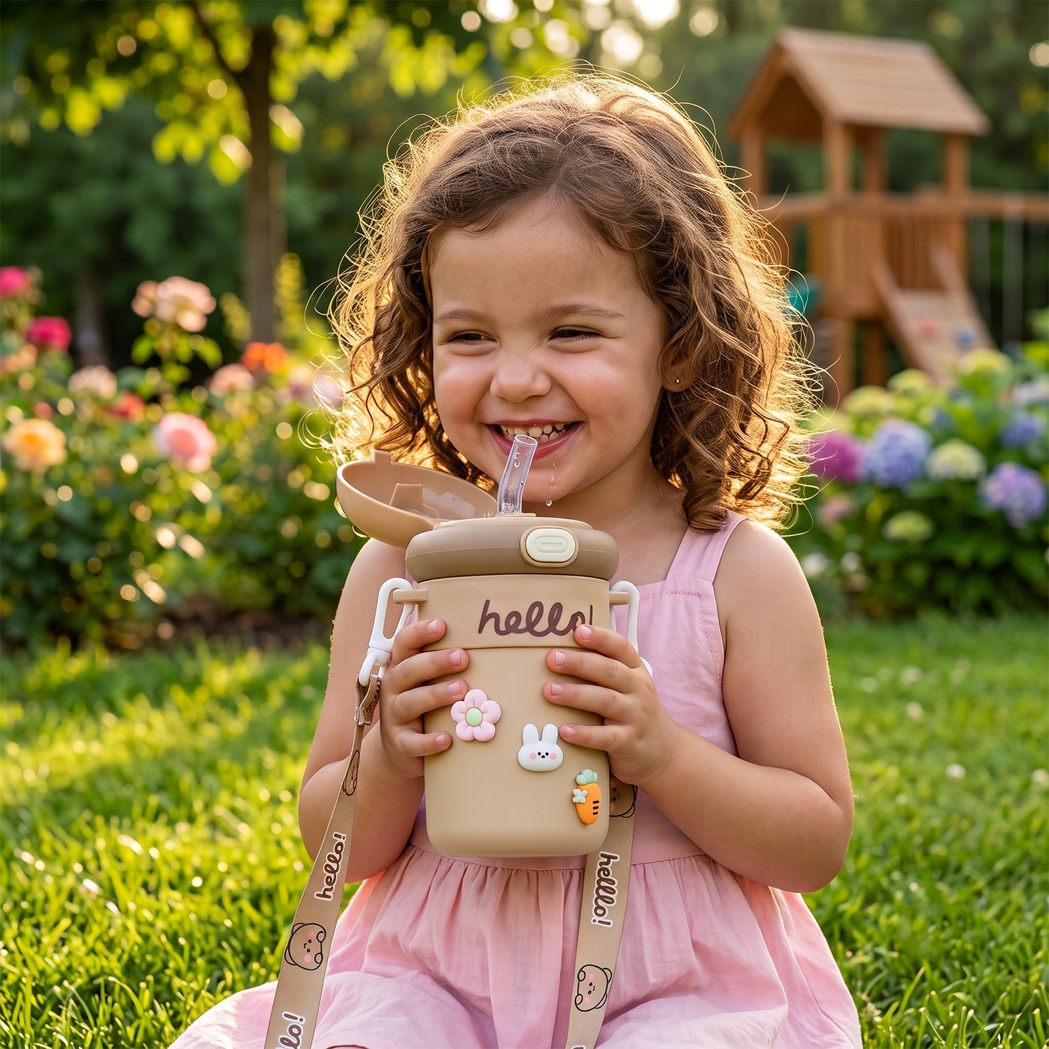 Kids Wukusy sipper water bottle with 450ml capacity, bouncing straw, carry strap, and colorful design.