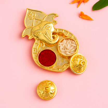Traditional Golden Lord Ganesha Kumkum Dish from Wukusy, decorative home improvement accessory with intricate design.