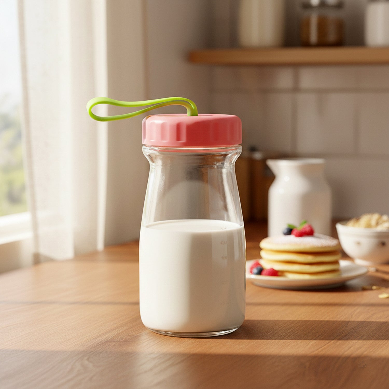 Wukusy premium glass bottle with 300ml capacity and leak-proof lid, clear glass design suitable for beverages or liquids